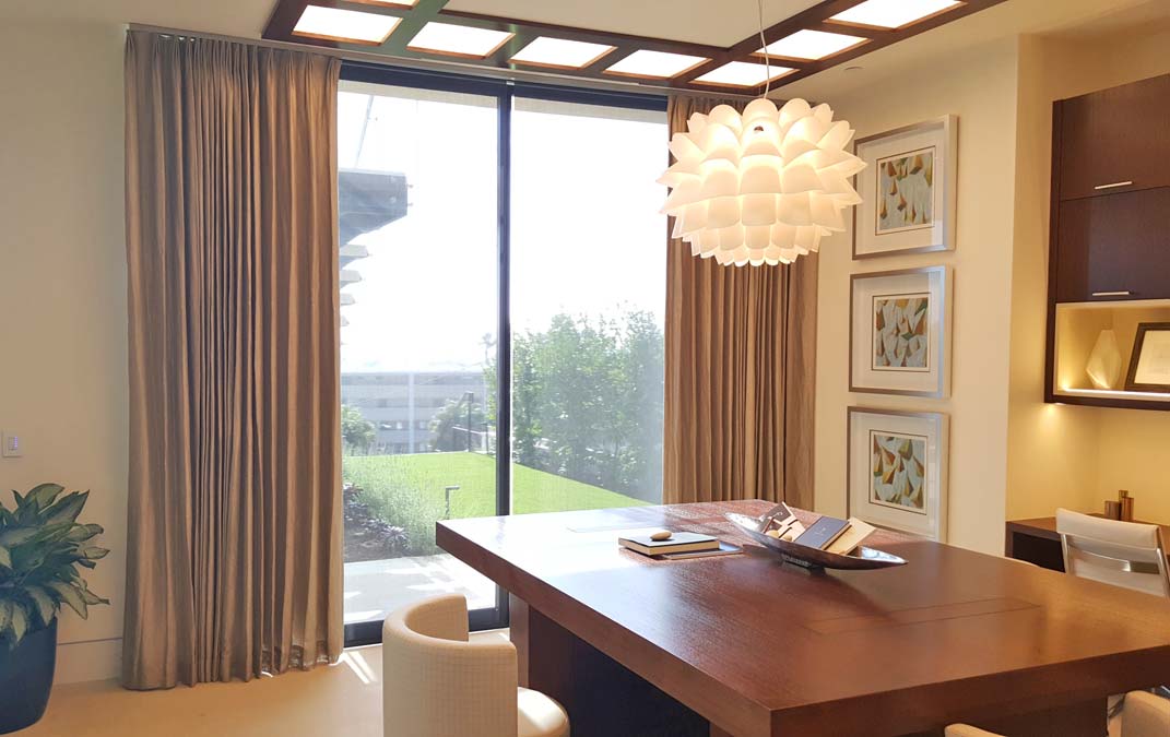 Motorized Drapery Curtain panels tack top with decorative rod in modern home office study Irvine
