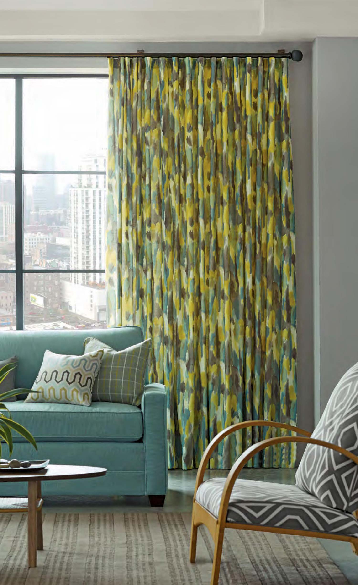 Custom Ripple Fold Drapery - Eclectic Yellow - Living Room Irvine