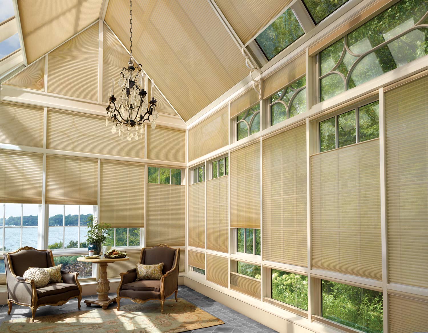 Duette® Honeycomb Shades - Angled Windows - Traditional Living Room - Hunter Douglas
