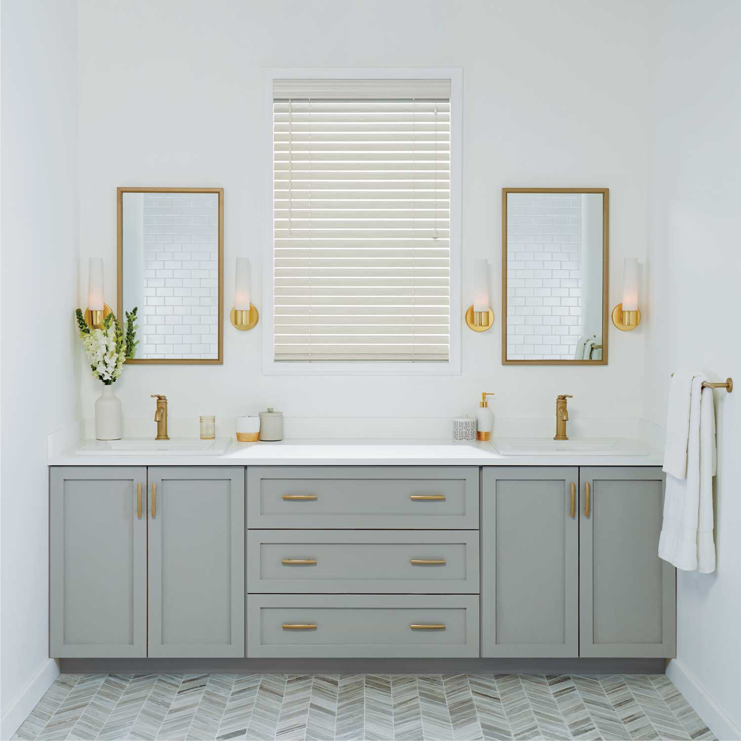 Motorized Hunter Douglas Everwood alternative wood blinds in modern white, gray, gold bathroom Irvine
