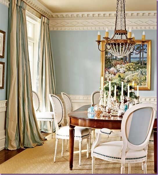 Custom Goblet Pleat Drapery - Traditional Dining Room - Blue Gold Stripes Irvine