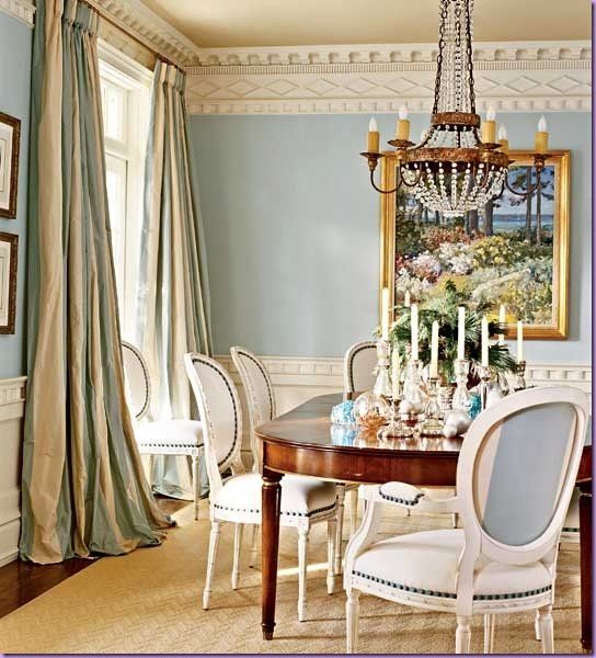 Goblet Pleat Drapery - Traditional Dining Room - Blue Gold Stripes in Anaheim