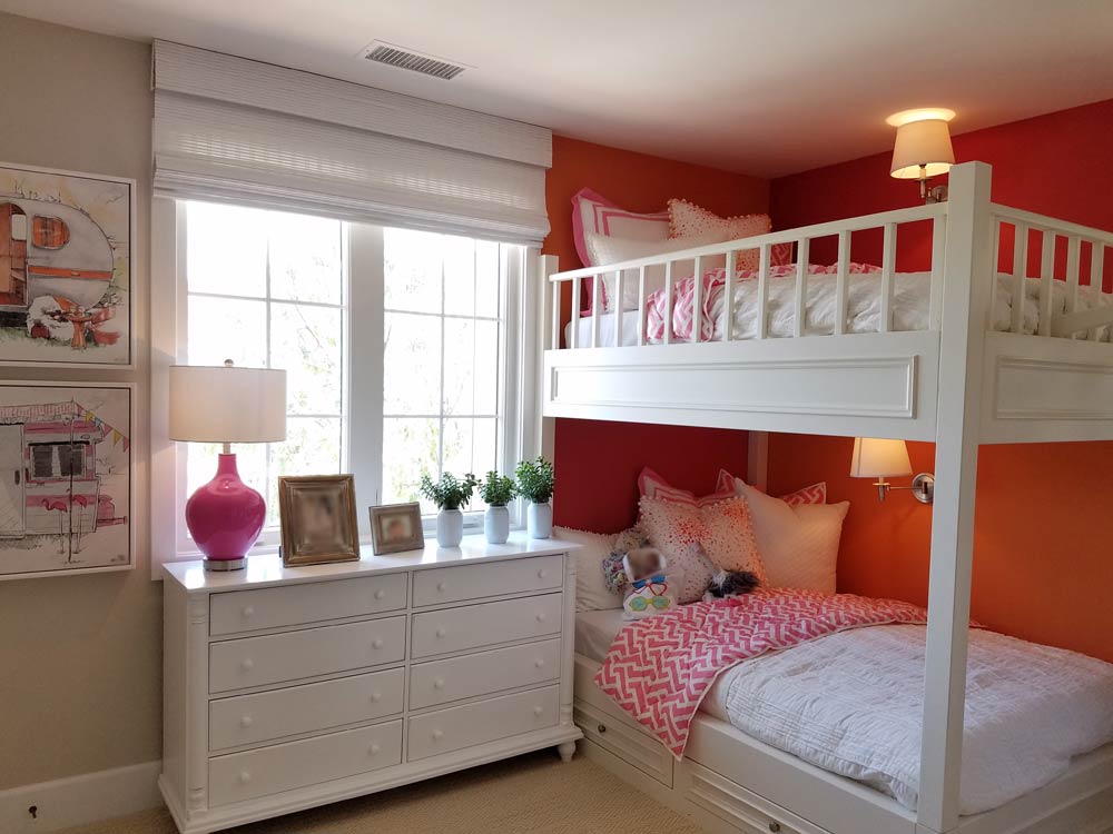 Motorized Hunter Douglas grass roman shade in pink white modern girls bedroom Irvine