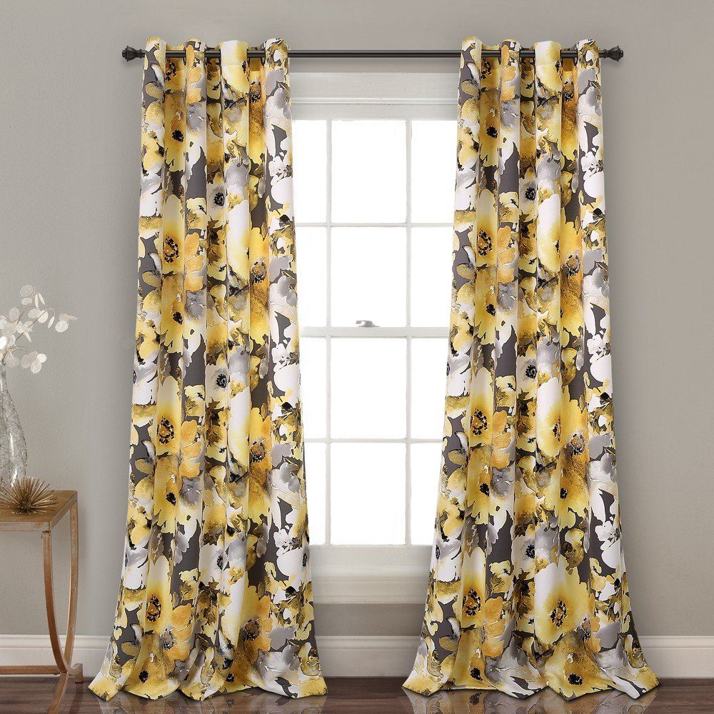 Grommet Pleat Drapery - Floral Yellow White Gray in Costa Mesa