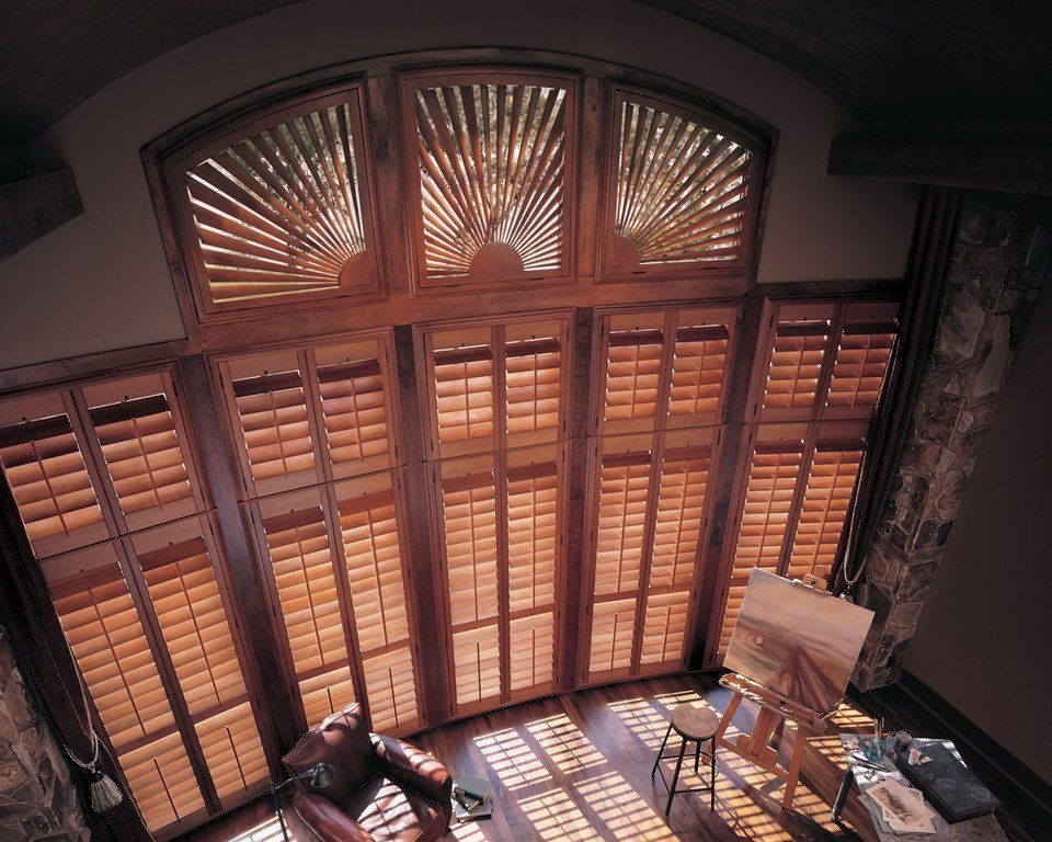 Custom Heritance hardwood shutters large window specialty shaped Hunter Douglas in Laguna Niguel