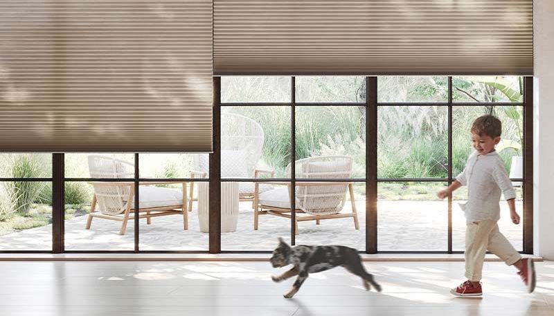 child and dog walking along corridor with cordless window coverings on a large window connected to the patio