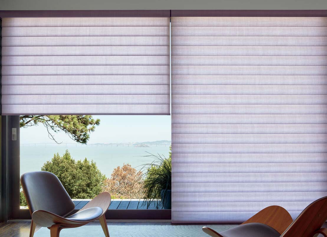 Hunter Douglas Pirouette Shades Purple sheer shades in beach front bedroom, window treatments Manhattan Beach Los Angeles County