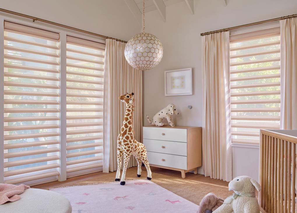 Hunter Douglas Pirouette Shades in girls pink room, window covering Newport Beach