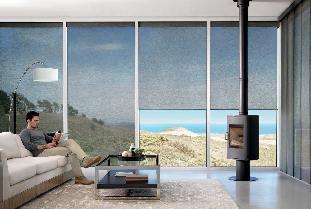 Hunter Douglas Motorized Roller Shades Hunter Douglas Motorized Skyline Roller Shades Modern Living Room Irvine