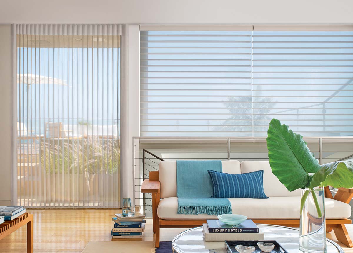 Hunter Douglas Silhouette Luminette Privacy Sheer Shades Vertical Blinds midcentury modern living room, window shades Rancho Santa Margarita