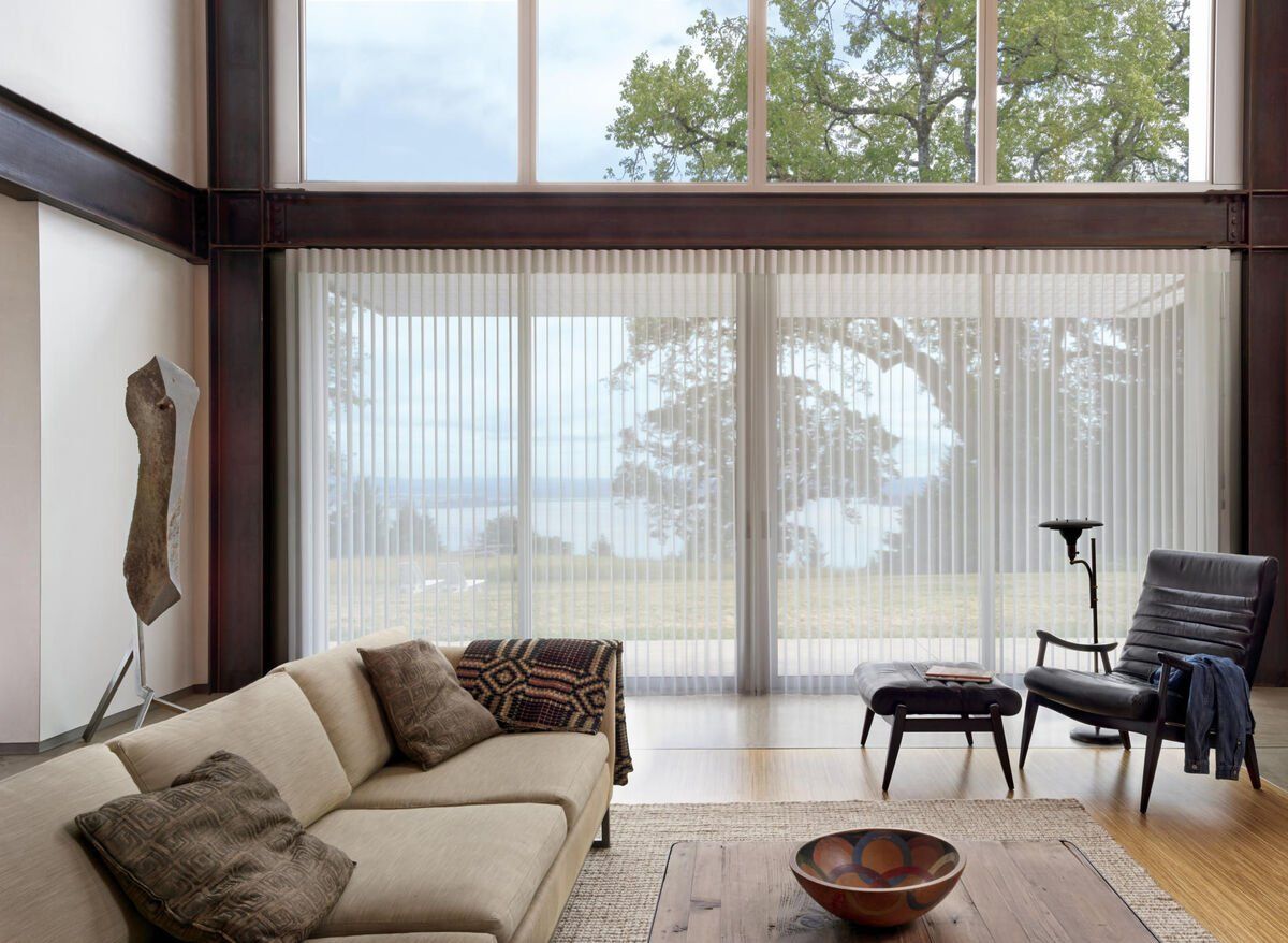 Hunter Douglas Luminette Privacy Sheers on sliding glass door modern white gray black living room Irvine