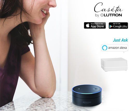 Voice activate your shades with Lutron Caseta Wireless Lady speaking to Alexa to operate window treatment using Caseta app by Lutron