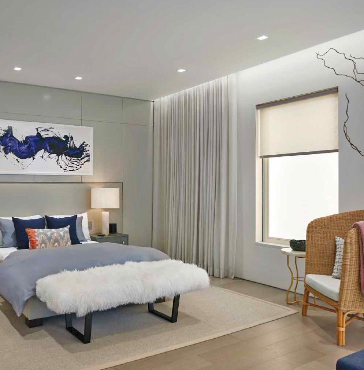 Custom bedding in modern bedroom, blue, gray Irvine