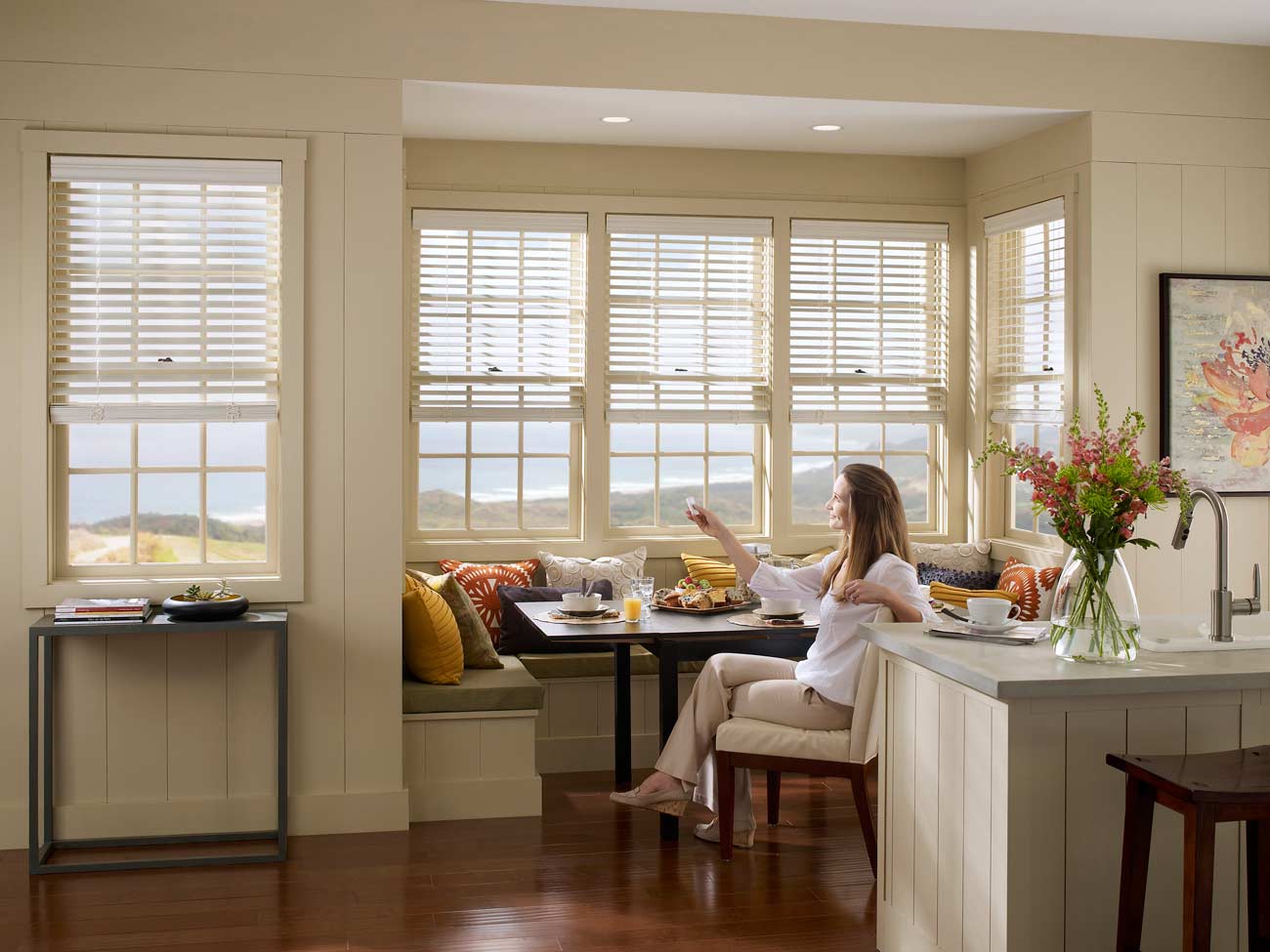 Lutrong motorized blinds in kitchen nook farmhouse model home Irvine
