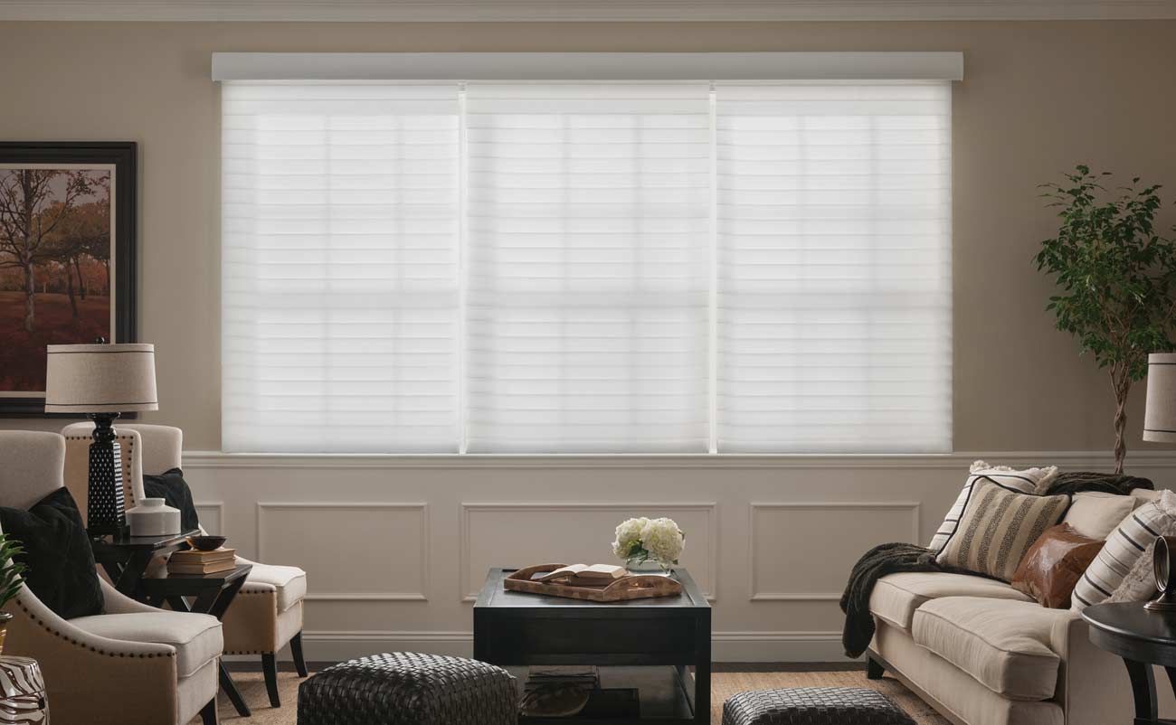 Motorized lutron privacy sheer shades in farmhouse transitional living room Irvine