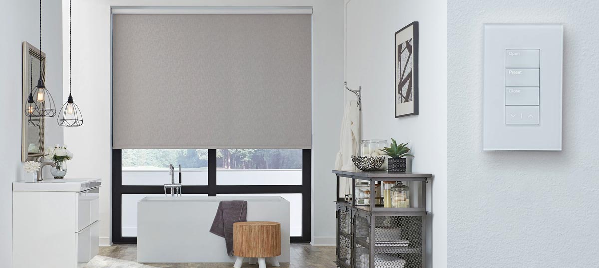 Lutron Roller Shades in modern bathroom Laguna Beach