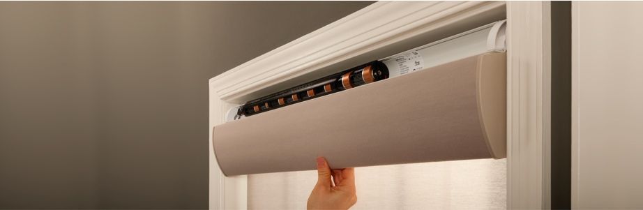 Lutron Sivoia QS Triathlon Battery Powered Roller Shades, easy headrail access to change batteries.