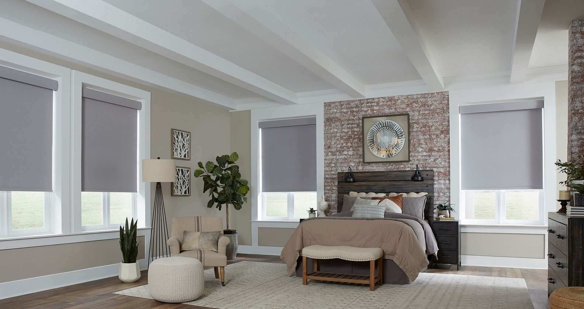 Lutron Sivoia QS Triathlon Blackout Roller Shades gray in bedroom