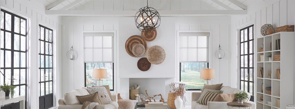 Lutron Roller Shades Sivoia QA Triathlon shades in modern rustic farmhouse livingroom Laguna Niguel, window covering Laguna Niguel