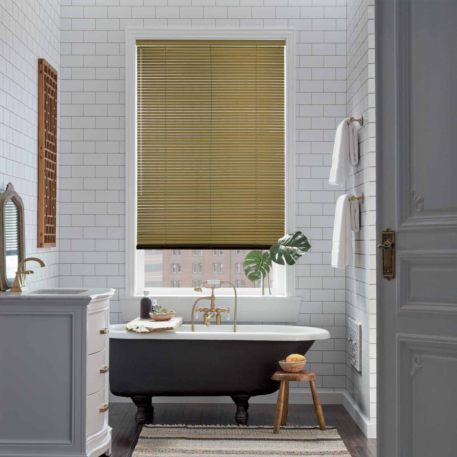 Hunter Douglas Precious Metal Blinds Modern white black gold city bathroom Lake Forest