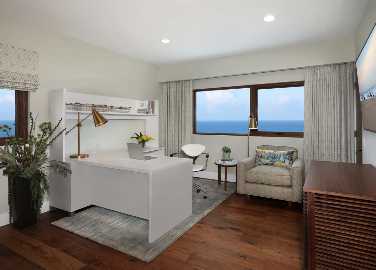 Motorized Drapery Curtain under suffit in modern home office beachfront coastal Irvine