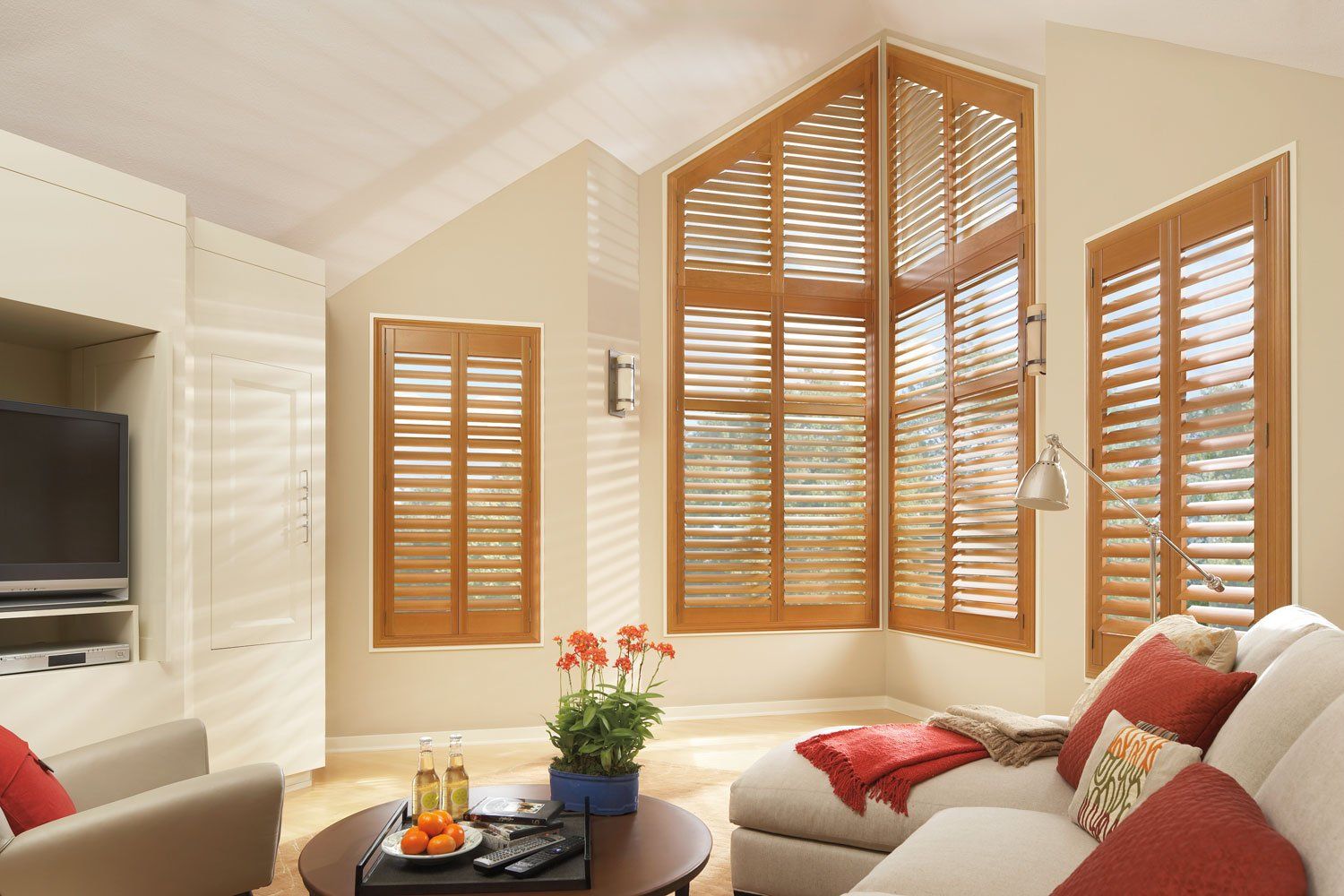 NewStyle® Hybrid Shutters - Angled Windows - Contemporary Living Room - Hunter Douglas