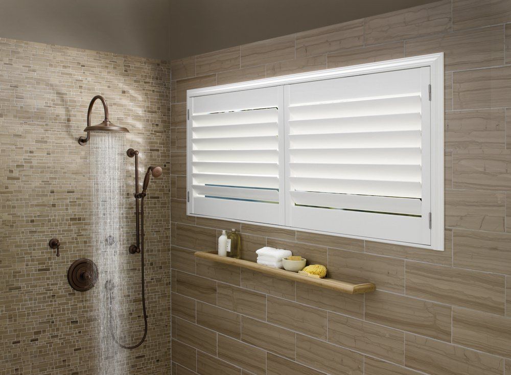 Hunter Douglas PowerView PalmBeach Shutters in bathroom shower Irvine