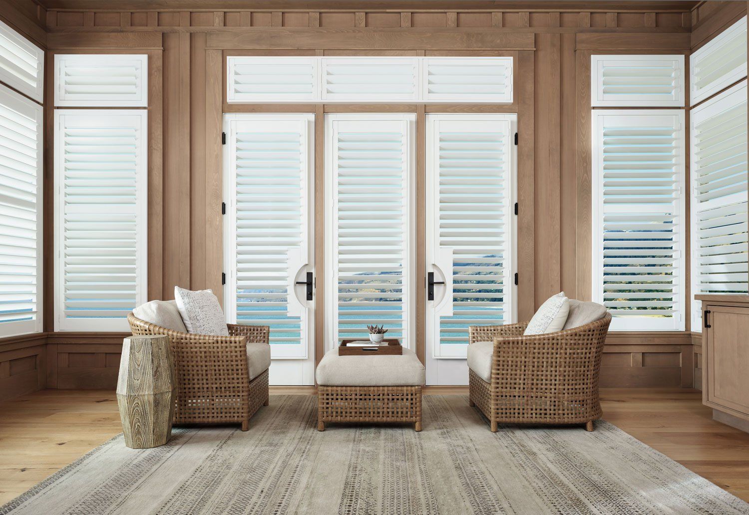 Palm Beach™ Polysatin™ Shutters - Modern Coastal Living Room - Hunter Douglas