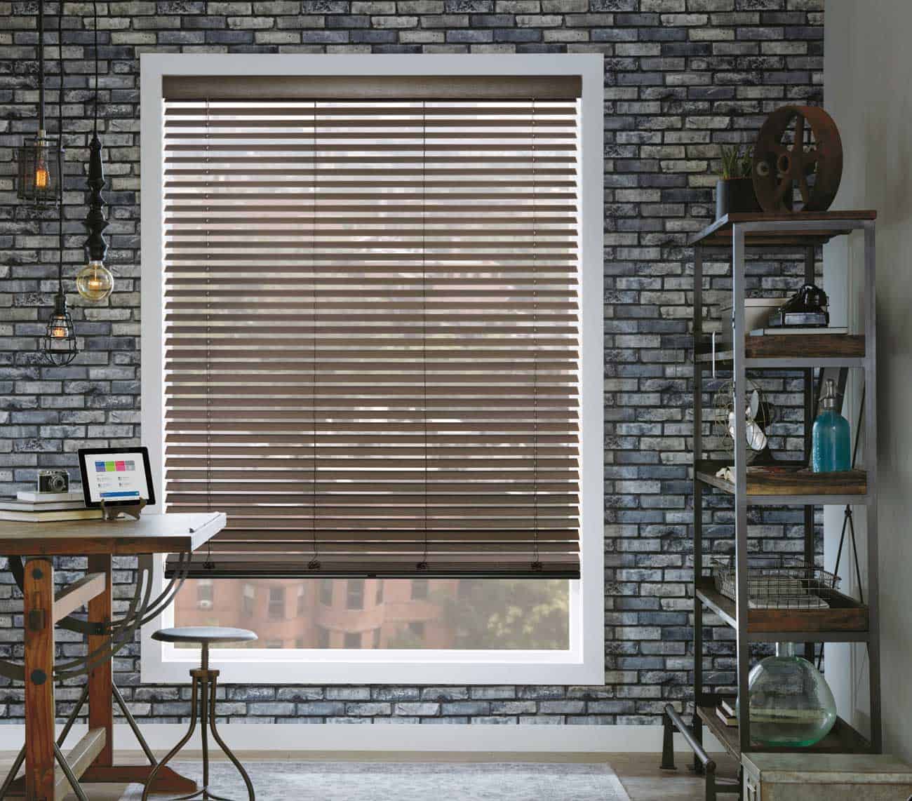 Motorized Hunter Douglas Parkland wood blinds with cornice in rustic office Irvine