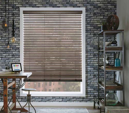 Motorized Parkland Wood Blinds - Rustic Office - Hunter Douglas Orange County OC