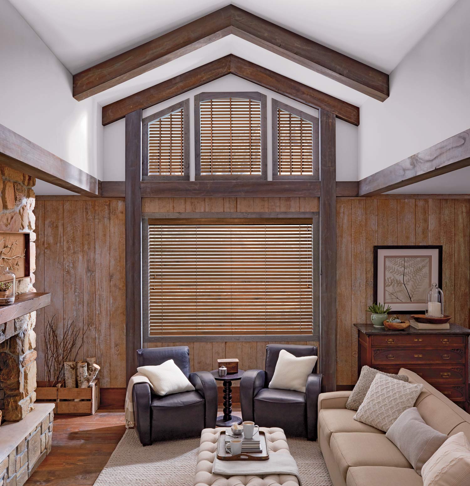 Parkland® Wood Blinds - Angled Windows - Rustic Cabin Living Room - Hunter Douglas