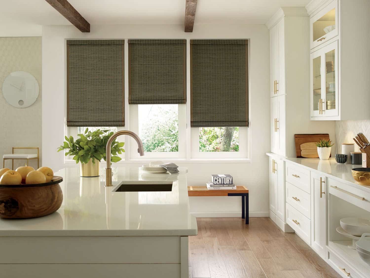 Motorized Hunter Douglas Provenance woven wood shades in modern white gold kitchen Irvine