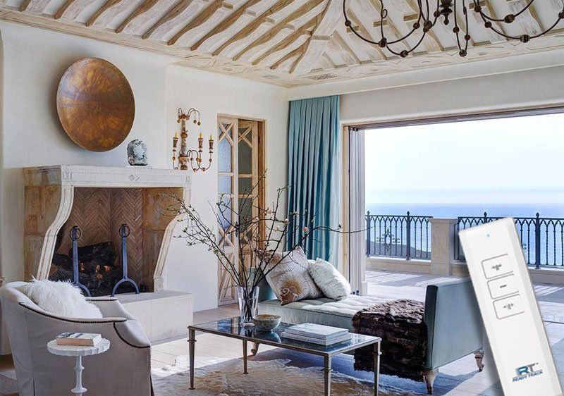 Motorized drapery in living room in Laguna Niguel