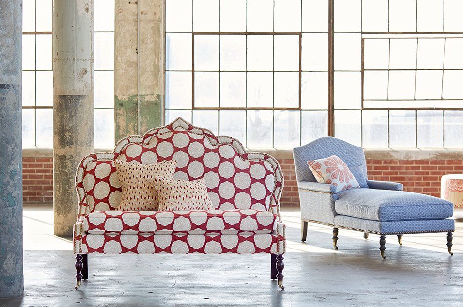Reupholstery Sofa - Red White Duralee Fabric - Boho Eclectic Irvine