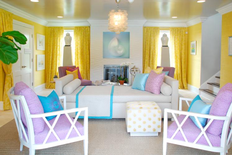 Rod Pocket Drapery - Eclectic Boho Living Room - Yellow Pattern in Laguna Beach