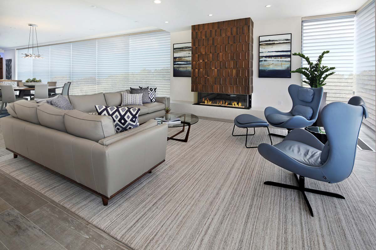 Hunter Douglas Silhouette Sheer Shades in modern gray living room beach front Yorba Linda