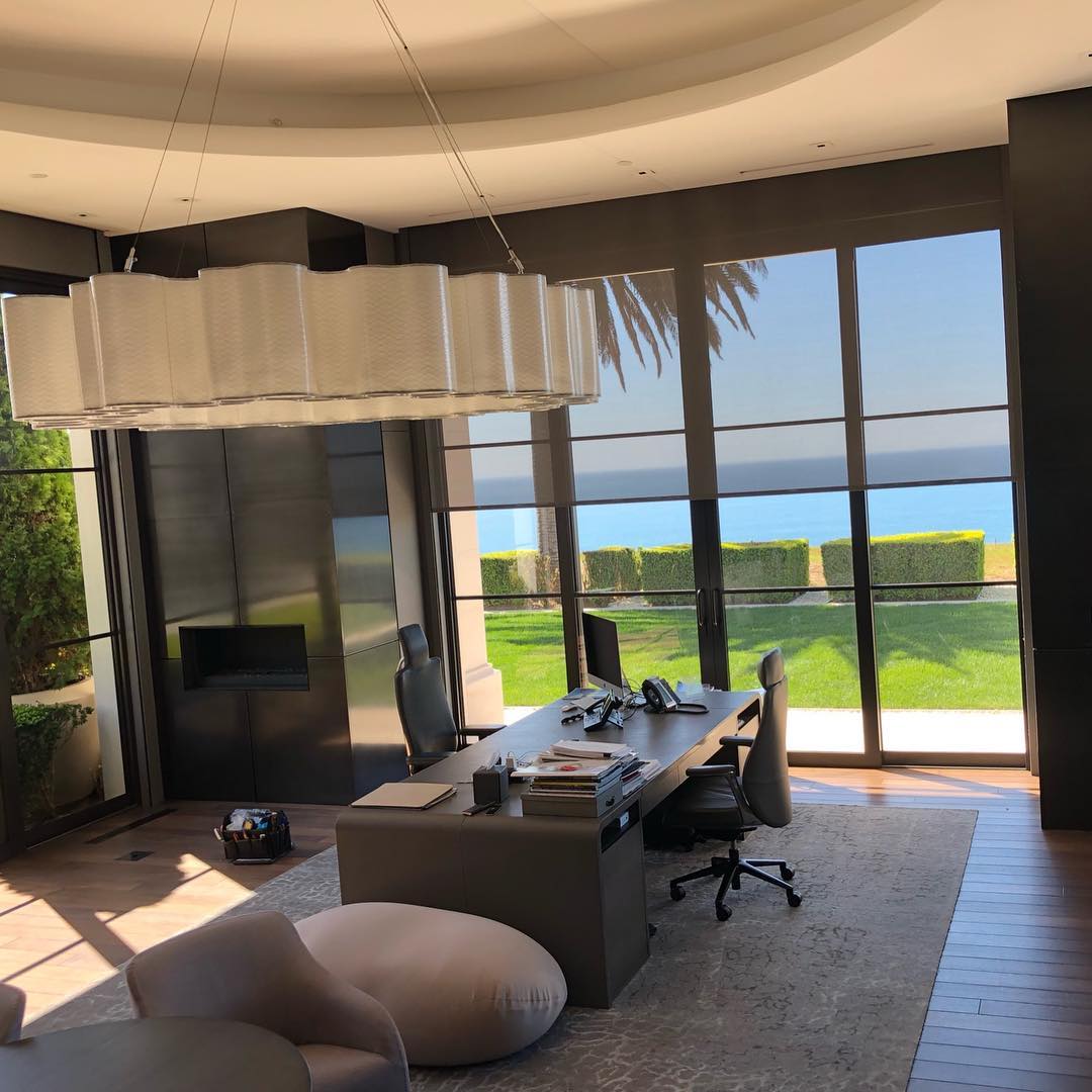 Somfy Solar Screen Shades in modern home office by the beach Palos Verdes