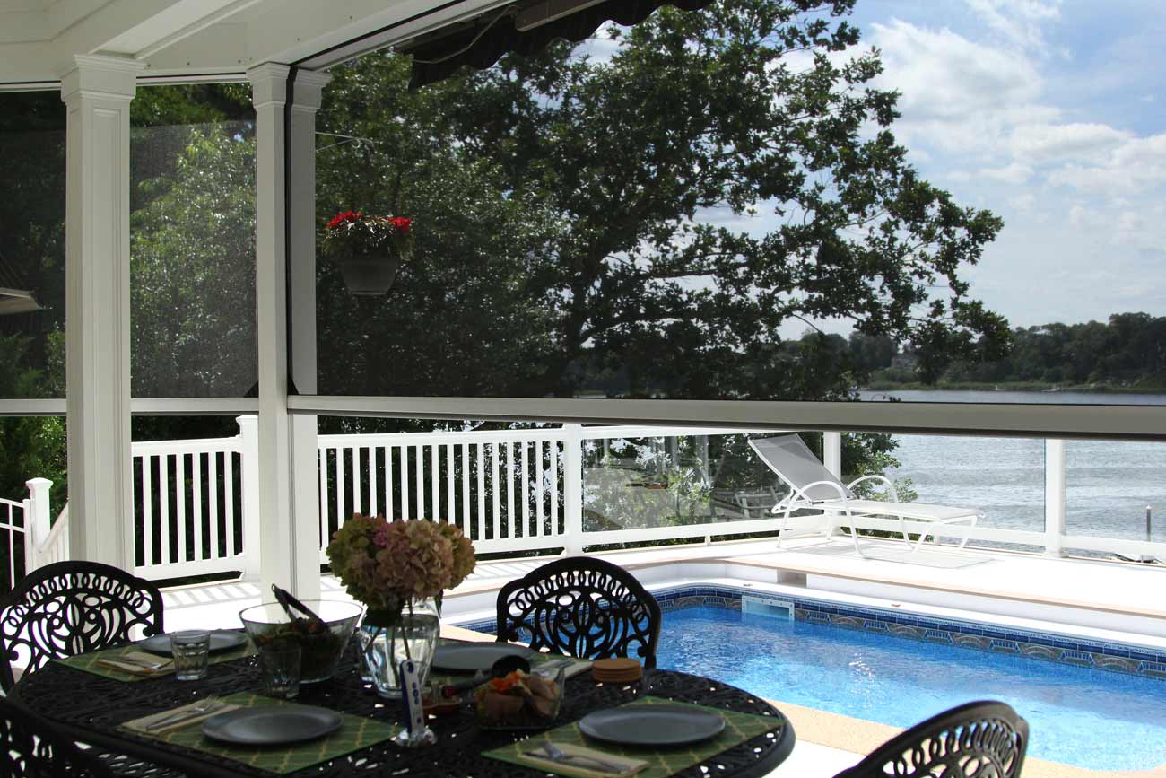 Somfy Motorized Exterior Outdoor Screen - Traditional home patio pool view Newport Beach