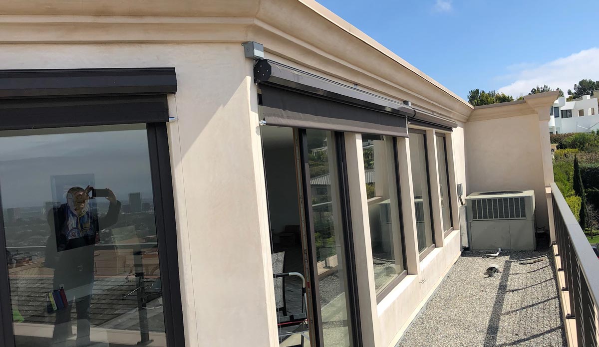 Somfy wall mounted Bracket for exterior commercial exterior solar screen roller shades Irvine