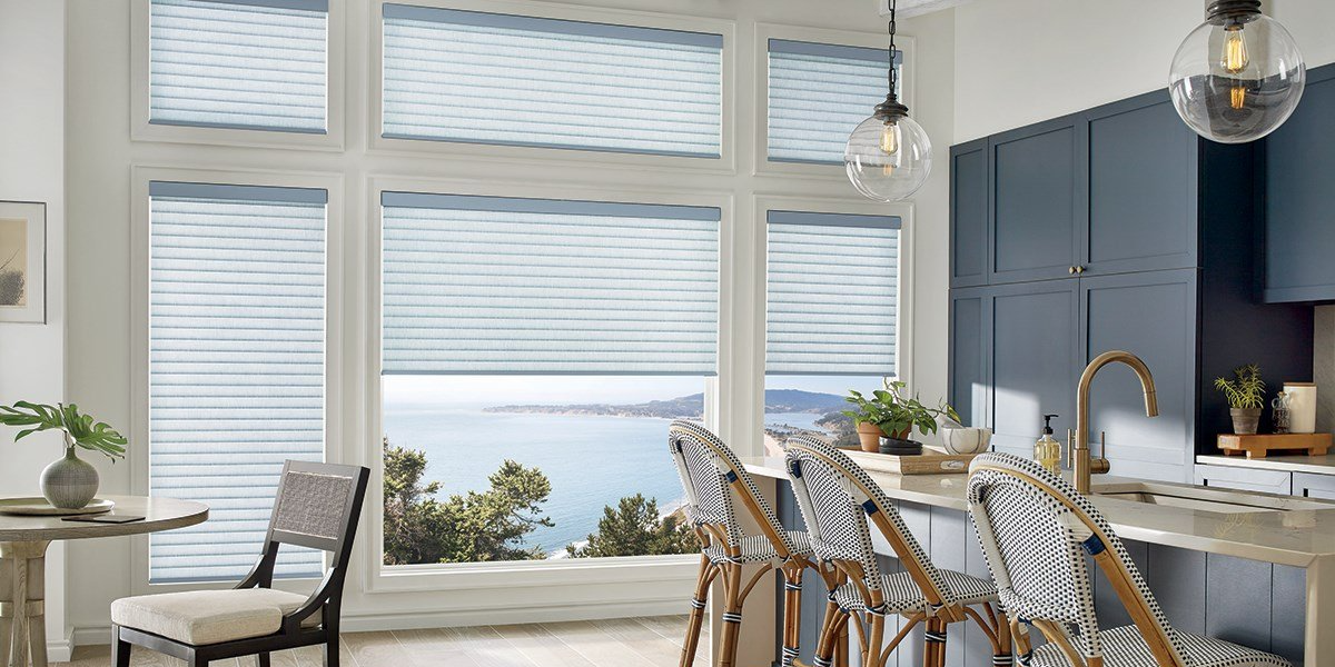 Hunter Douglas Sonnette Cellular Roller Shades - Modern Farmhouse blue white black kitchen dining room Lake Forest
