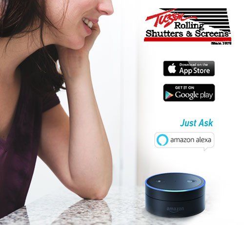 Lady speaking to Amazon Alexa to operate rolling shutters
