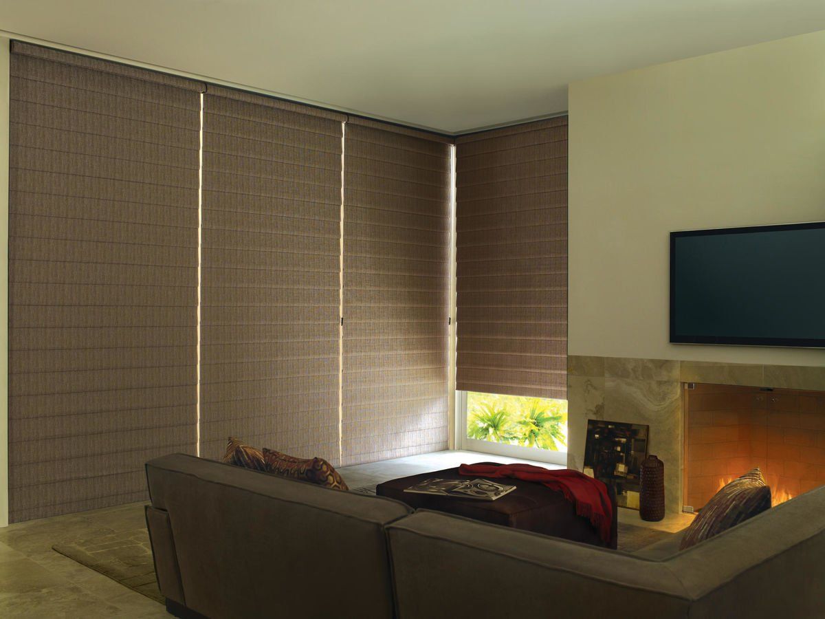 Motorized Hunter Douglas Vignette modern roman shade in home theater media room living room Irvine