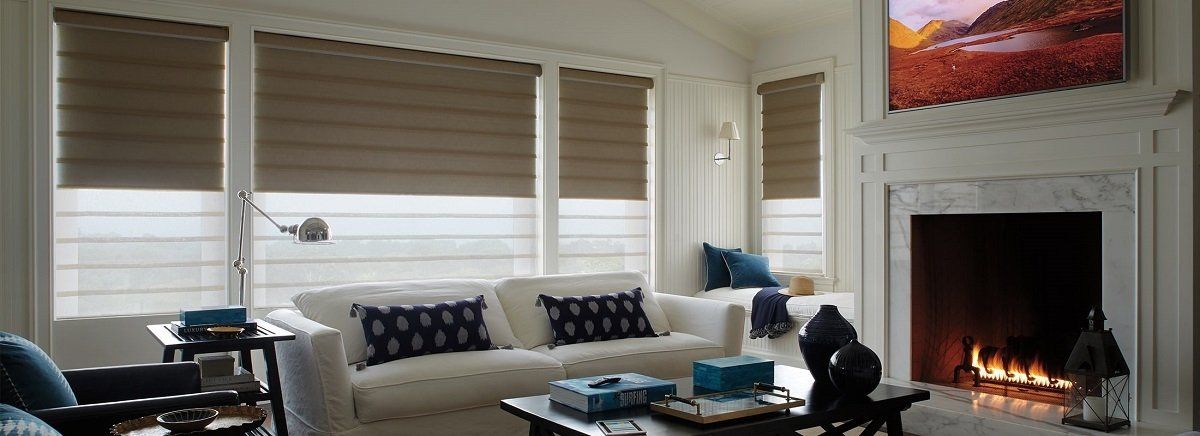 Motorized Hunter Douglas Vignette modern roman shade in home theater media room white blue living room Irvine