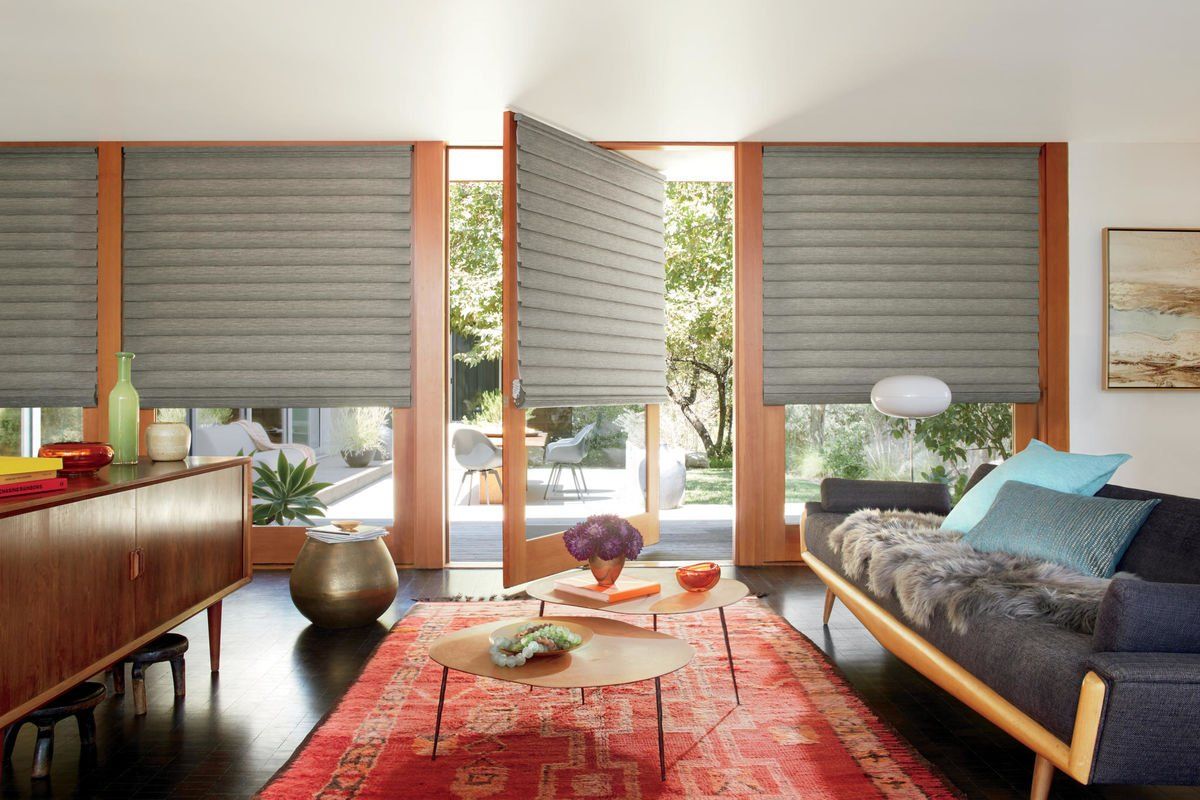 Hunter Douglas Vignette Modern Roman Shades mid century modern living room, sliding rotating door, window covering Villa Park