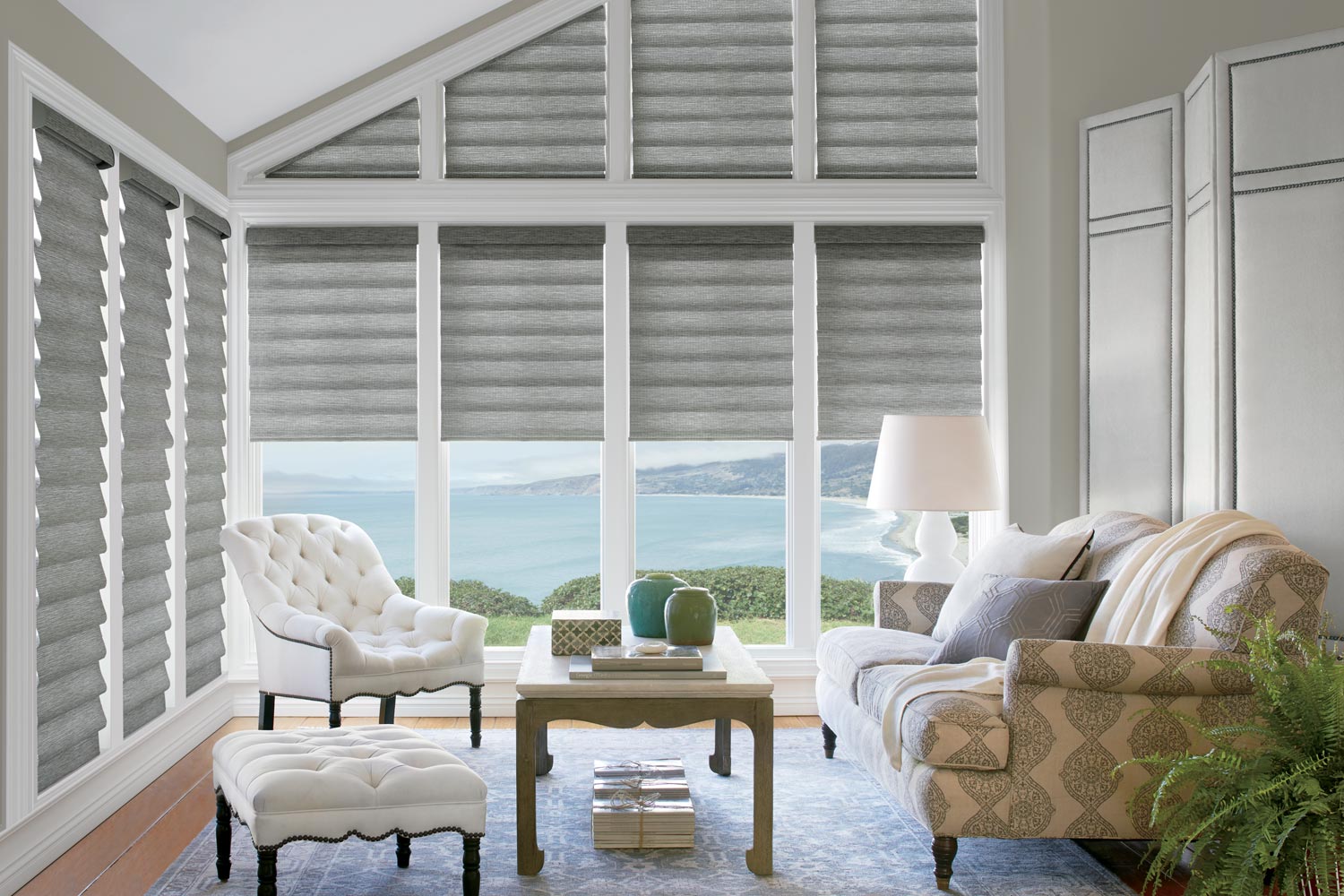 Vignette® Modern Roman Shades - Angled Windows - Traditional Living Room - Hunter Douglas