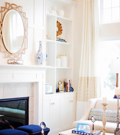 Custom white gold drapery in contemporary living room, window covering Huntington Beach, window treatment Huntington Beach