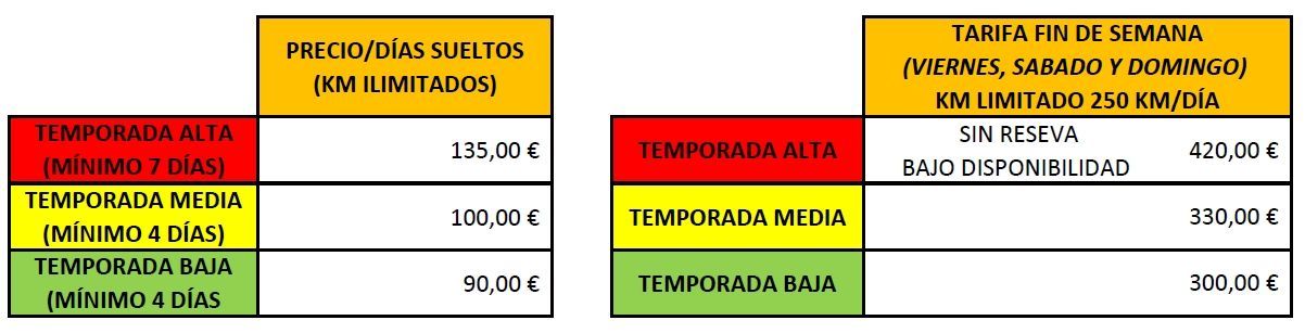 TARIFA ALQUILER CAMPER