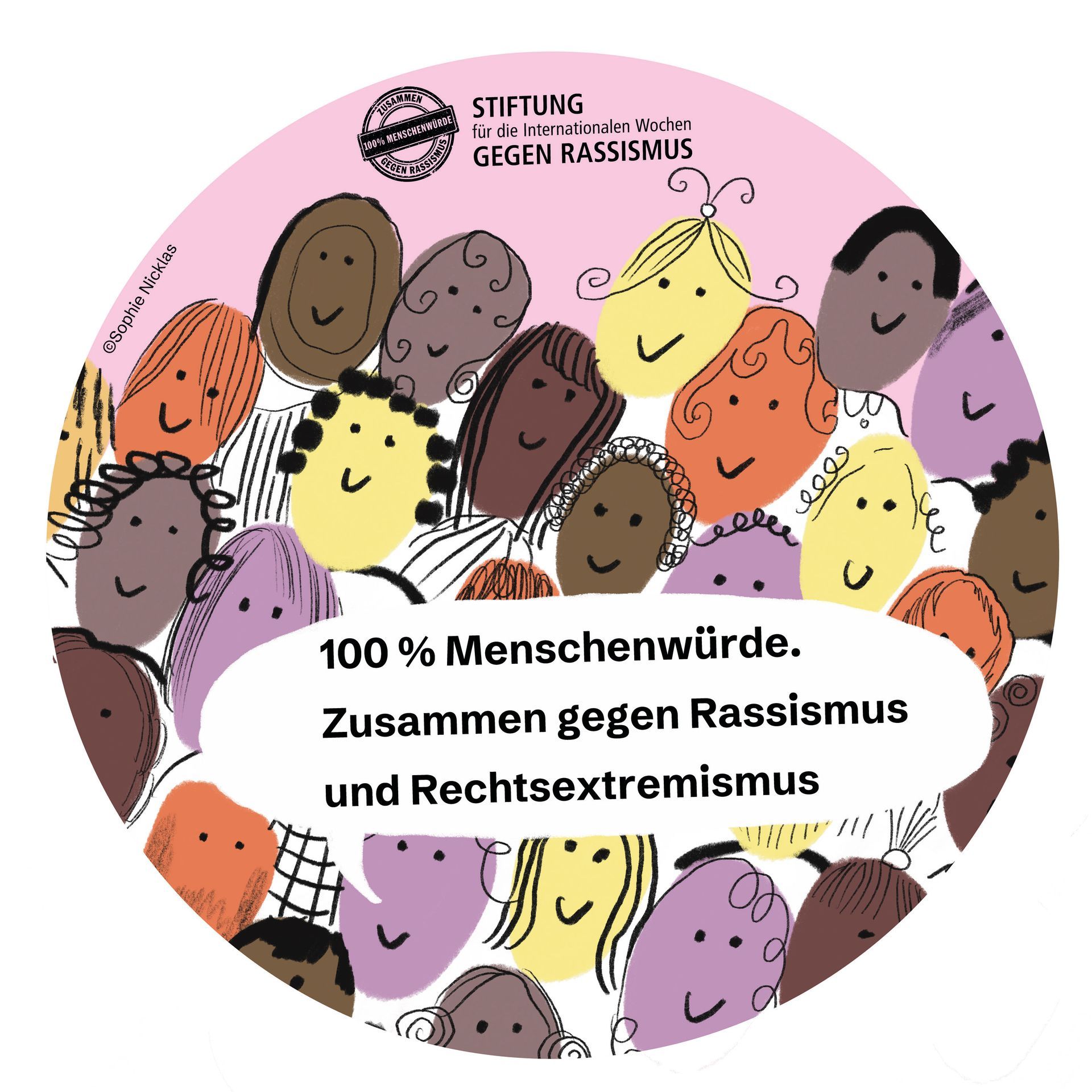 Illustration eines vielfältigen Menschengruppen-Kreises mit Sprechblase und Text '100 % Menschenwürde. Zusammen gegen Rassismus und Rechtsextremismus'