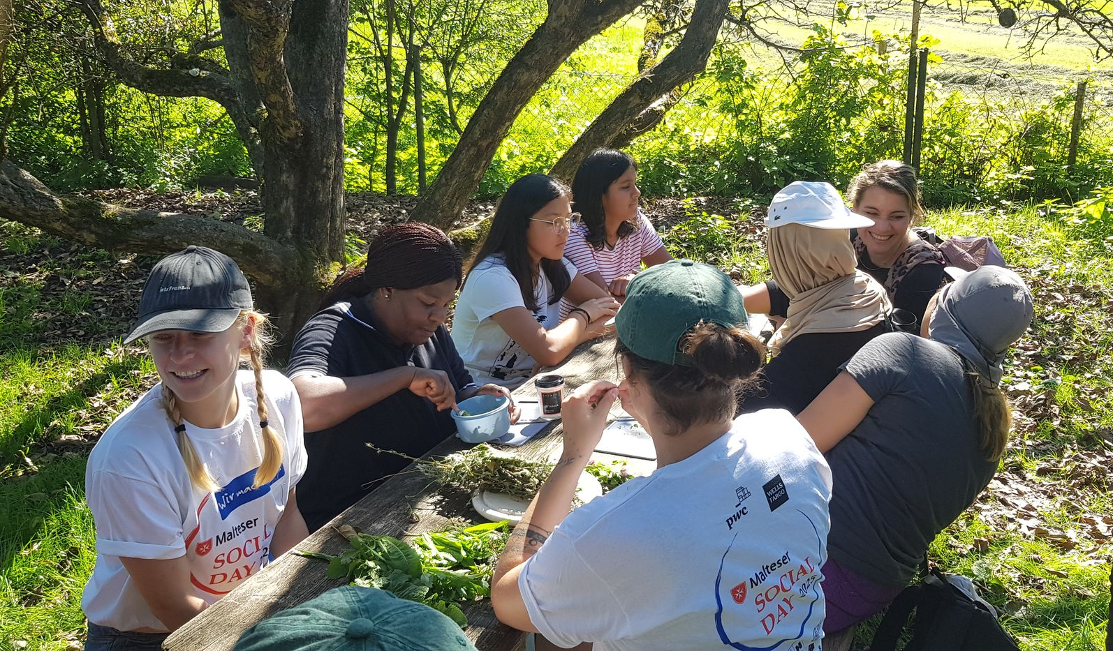 Mehrere Personen sitzen an einem langen Holztisch im Freien unter Bäumen, essen und unterhalten sich an einem sonnigen Tag.