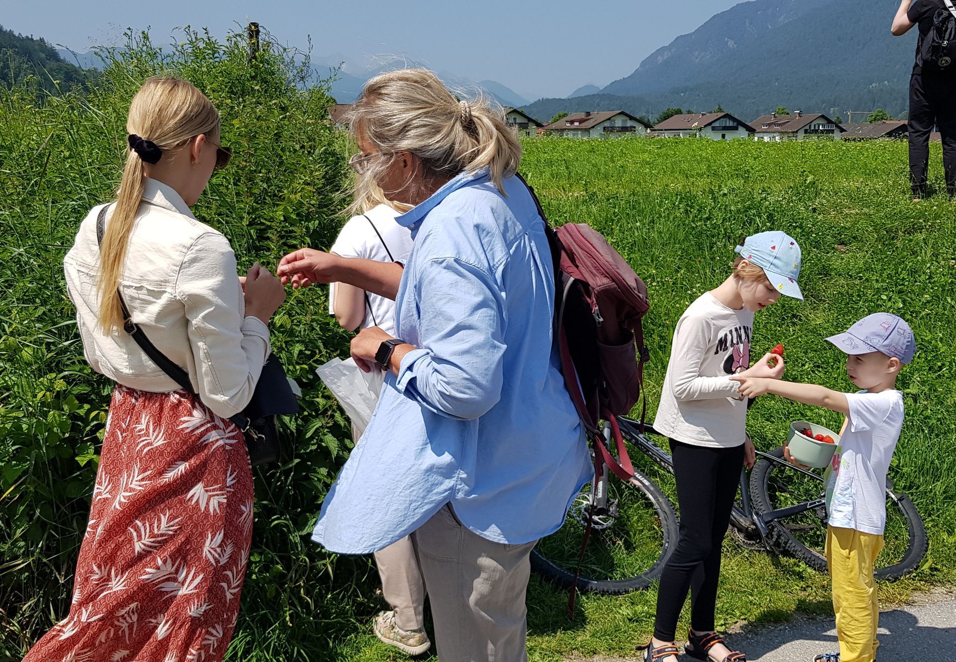 Zwei Personen pflücken Kräuter an einem Feldweg, zwei Kinder essen Beeren im Hintergrund Berge und Häuser